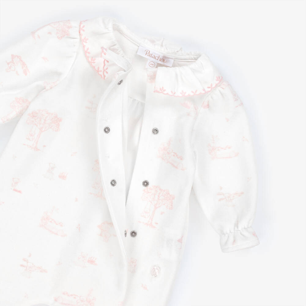 Patachou-Girls Ivory & Pink Cotton Velour Babygrow | Childrensalon