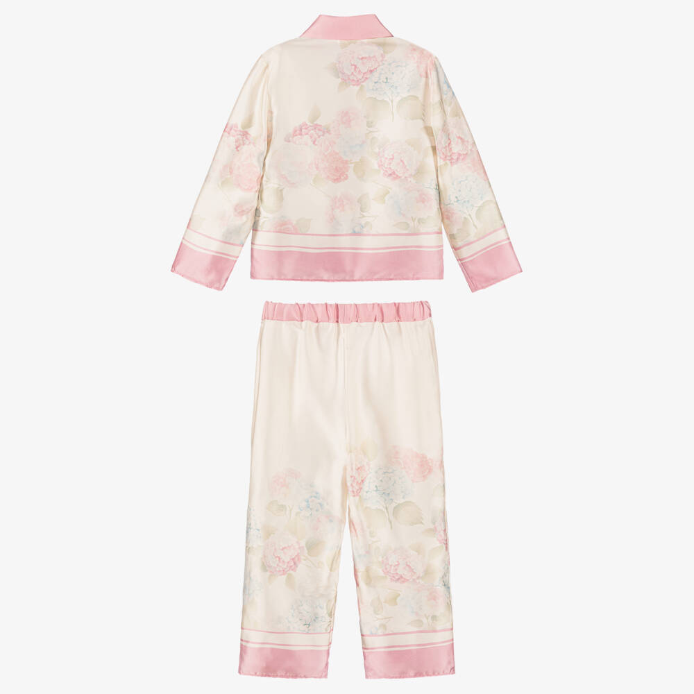 Patachou-Girls Ivory & Pink Satin Trouser Set with Floral Print | Childrensalon
