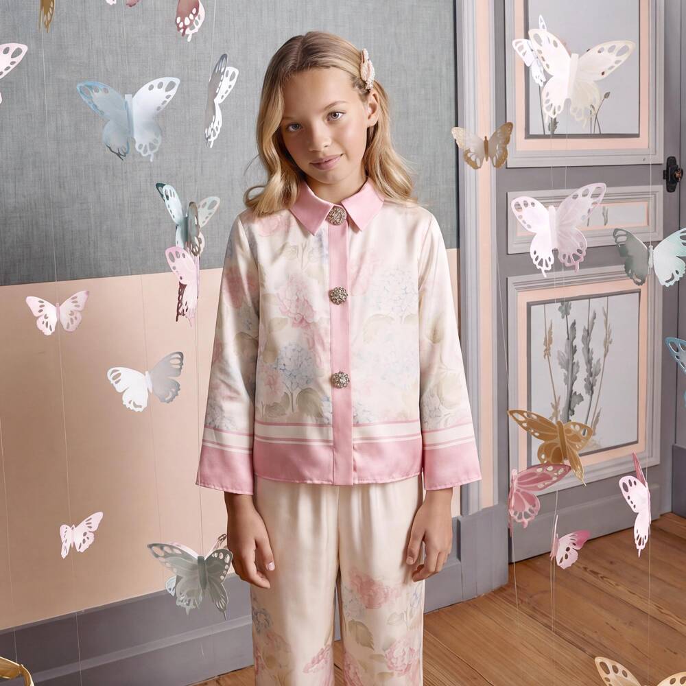 Patachou-Girls Ivory & Pink Satin Trouser Set with Floral Print | Childrensalon