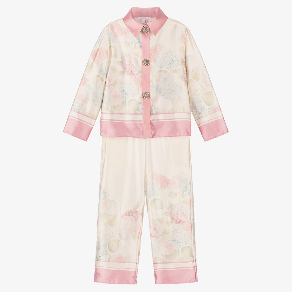 Patachou-Girls Ivory & Pink Satin Trouser Set with Floral Print | Childrensalon