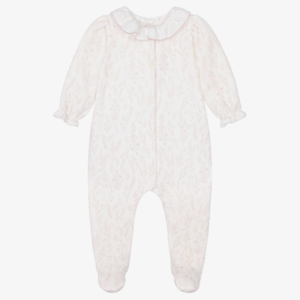 Patachou-Girls Ivory & Pink Wildflower Print Velour Babygrow | Childrensalon