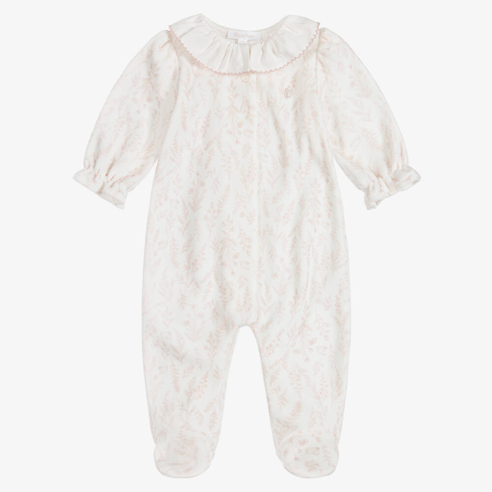 Patachou-Girls Ivory & Pink Wildflower Print Velour Babygrow | Childrensalon