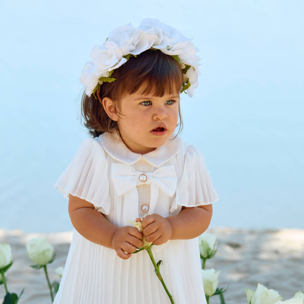 Patachou-Girls Ivory Pleated Chiffon Dress with Bow | Childrensalon