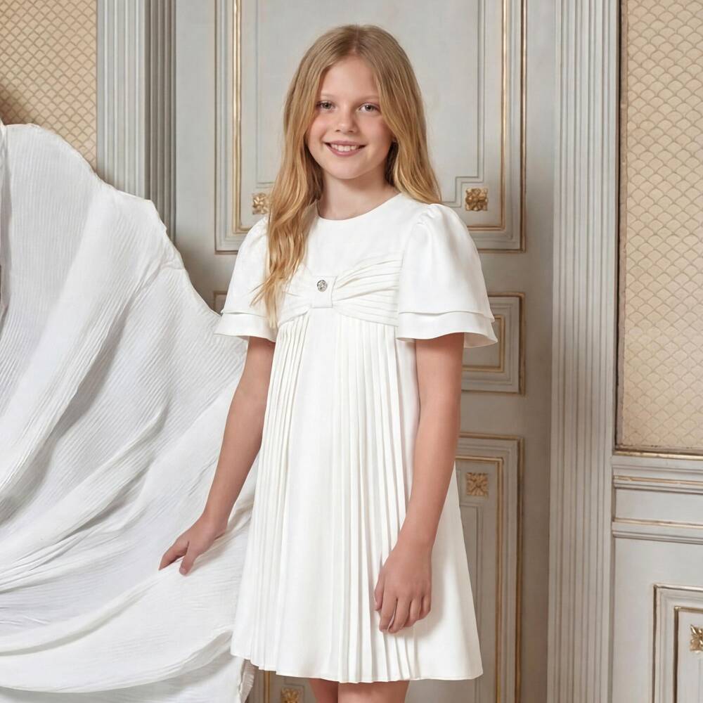 Patachou-Girls Ivory Pleated Dress with Bow Bodice | Childrensalon