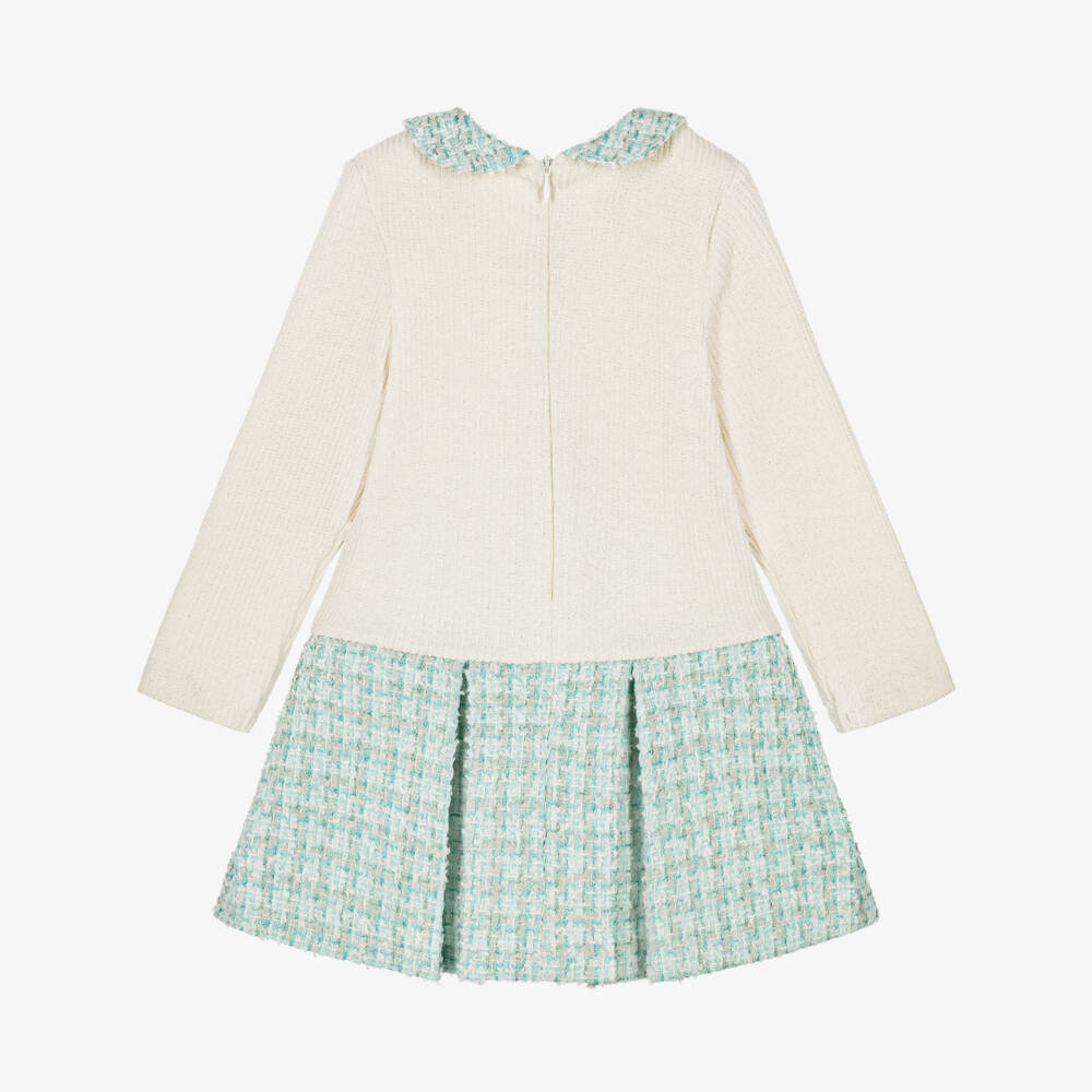 Patachou-Girls Ivory Ribbed Knit & Blue Tweed Dress | Childrensalon