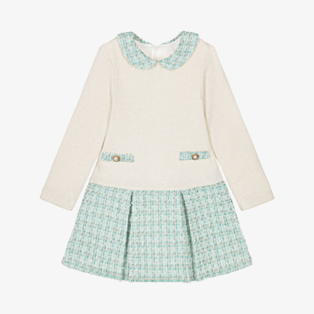 Patachou-Girls Ivory Ribbed Knit & Blue Tweed Dress | Childrensalon