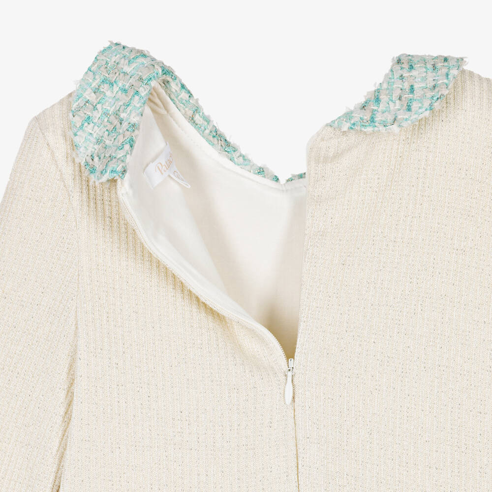 Patachou-Girls Ivory Ribbed Knit & Blue Tweed Dress | Childrensalon