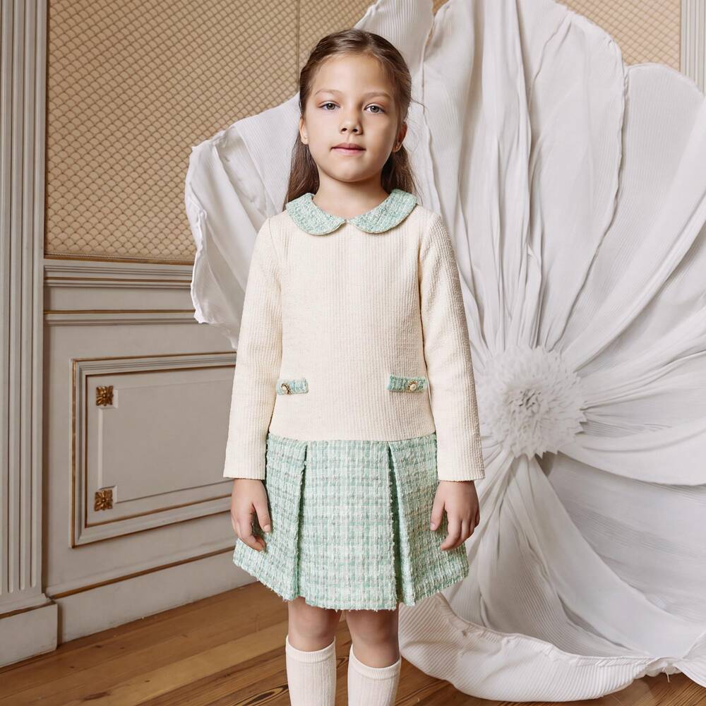 Patachou-Girls Ivory Ribbed Knit & Blue Tweed Dress | Childrensalon