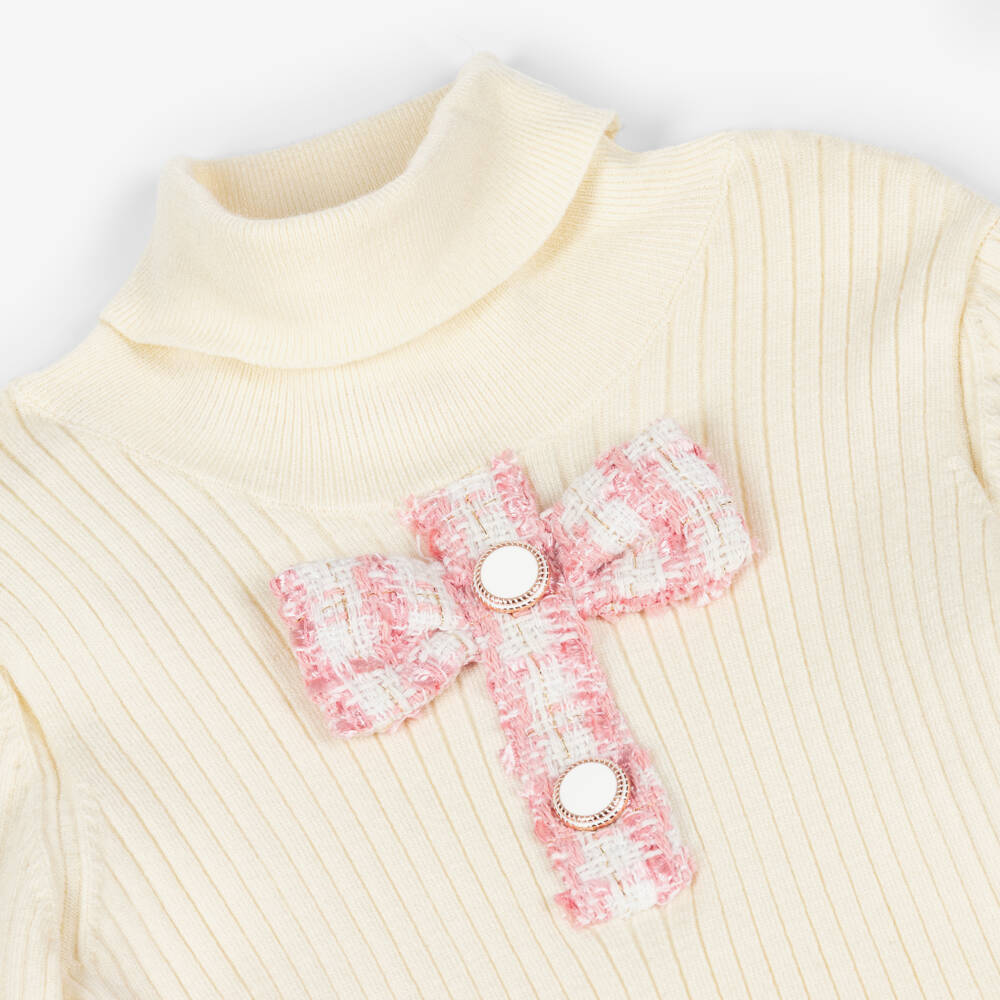 Patachou-Girls Ivory Roll Neck Jumper & Pink Tweed Skirt Set | Childrensalon
