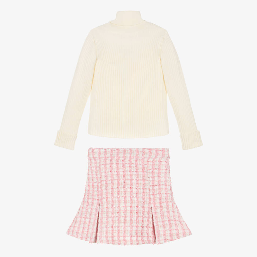 Patachou-Girls Ivory Roll Neck Jumper & Pink Tweed Skirt Set | Childrensalon