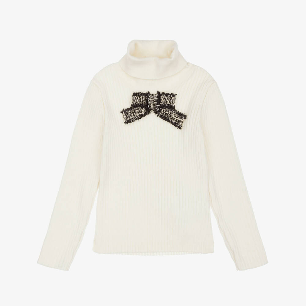 Patachou-Girls Ivory Roll Neck Top with Tweed Bow | Childrensalon