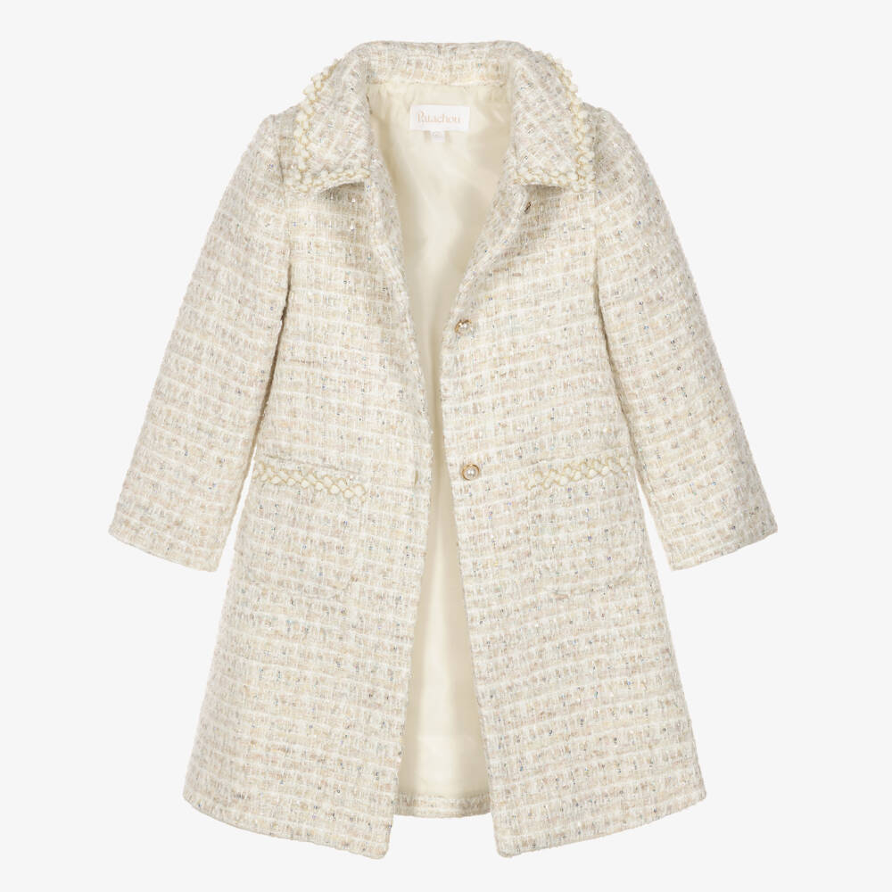 Patachou-Girls Ivory Sequinned Tweed Coat | Childrensalon