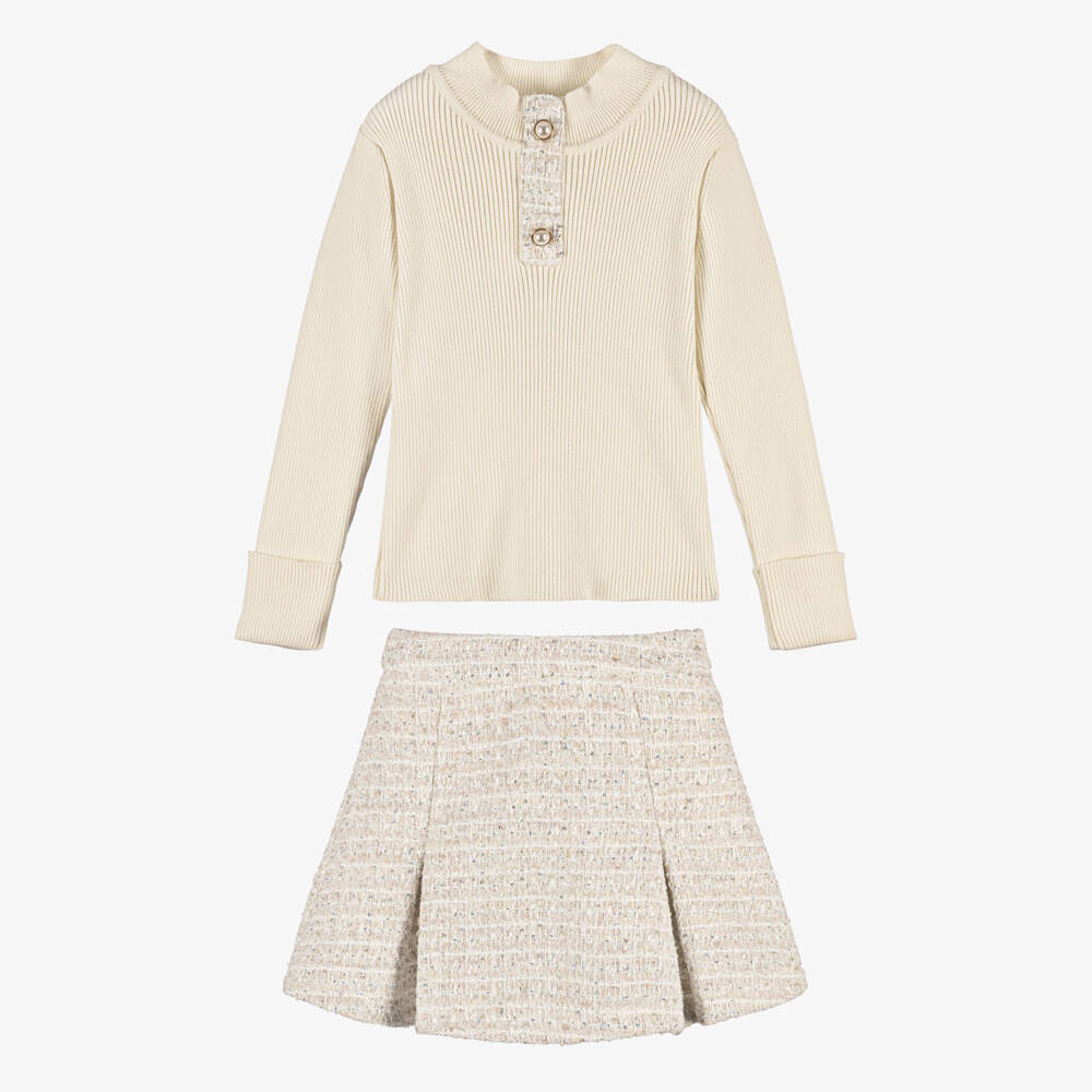Patachou-Girls Ivory Sequinned Tweed Skirt Set | Childrensalon