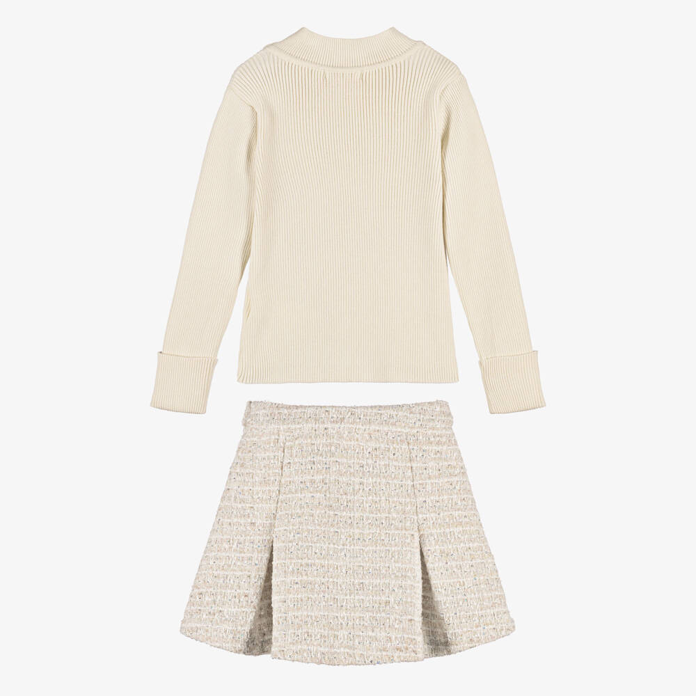 Patachou-Girls Ivory Sequinned Tweed Skirt Set | Childrensalon