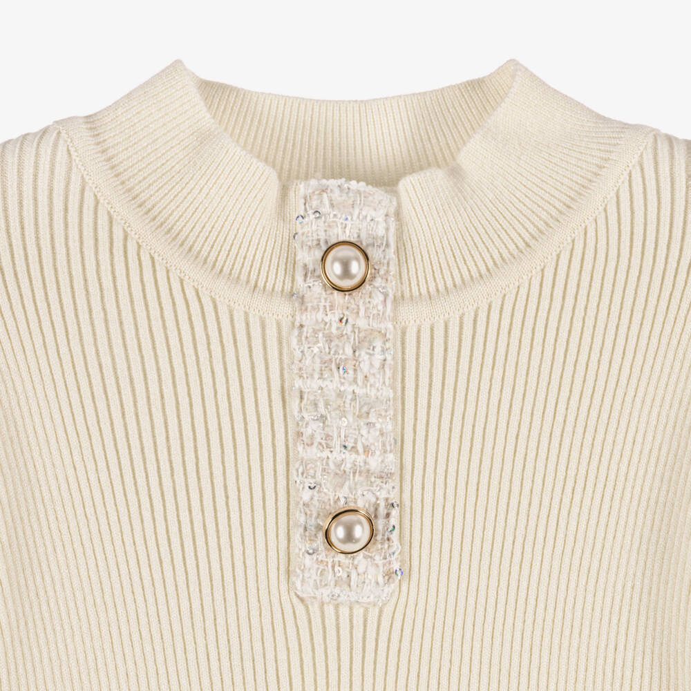 Patachou-Girls Ivory Sequinned Tweed Skirt Set | Childrensalon