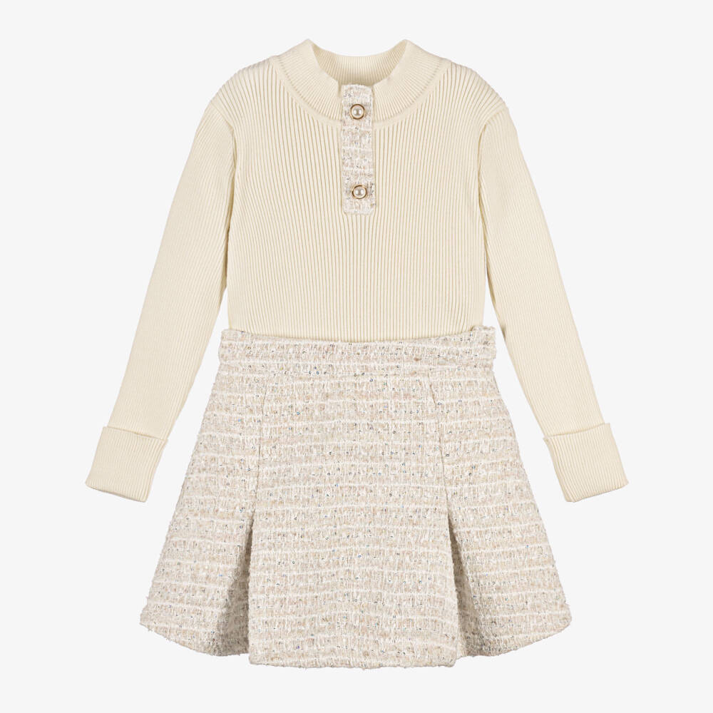 Patachou-Girls Ivory Sequinned Tweed Skirt Set | Childrensalon