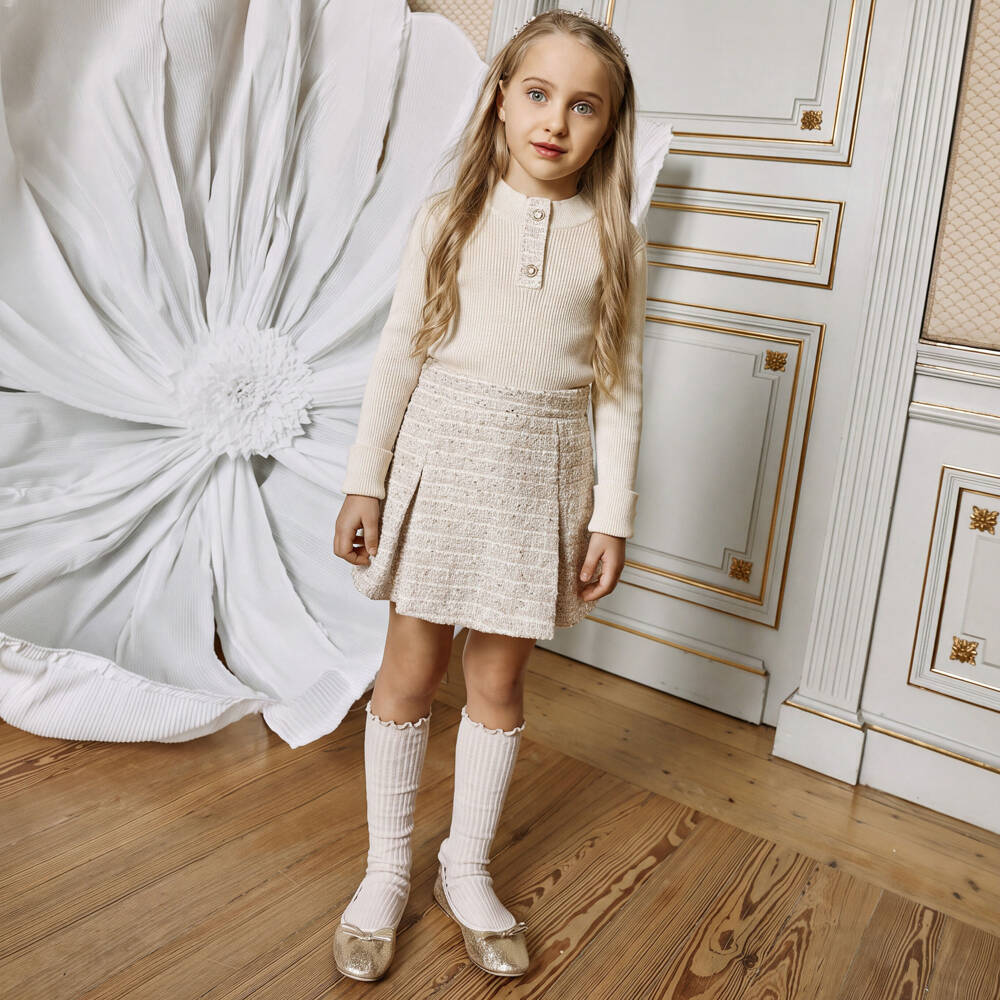 Patachou-Girls Ivory Sequinned Tweed Skirt Set | Childrensalon