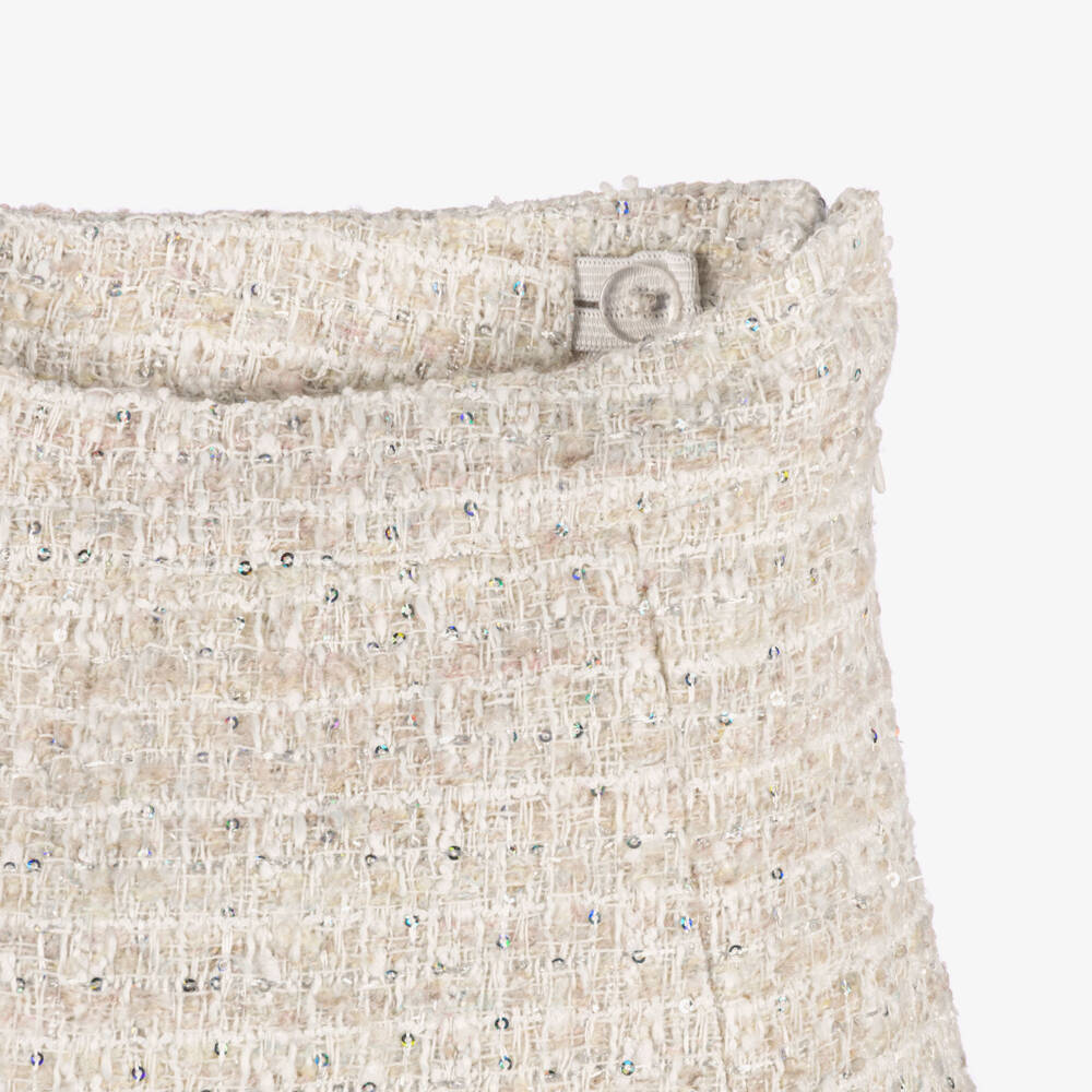 Patachou-Girls Ivory Sequinned Tweed Skirt Set | Childrensalon