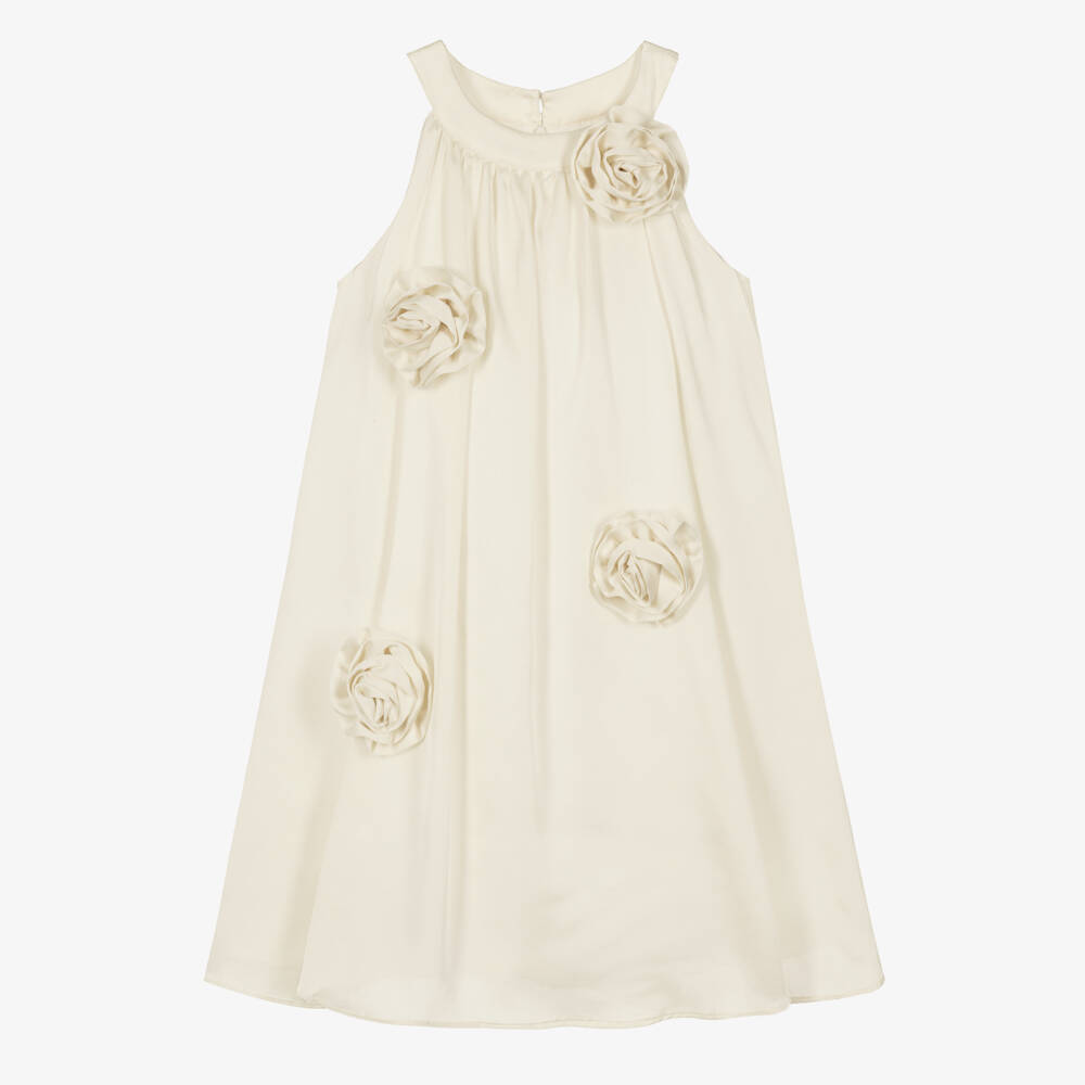 Patachou-Girls Ivory Sleeveless Dress with Flower Rosettes | Childrensalon
