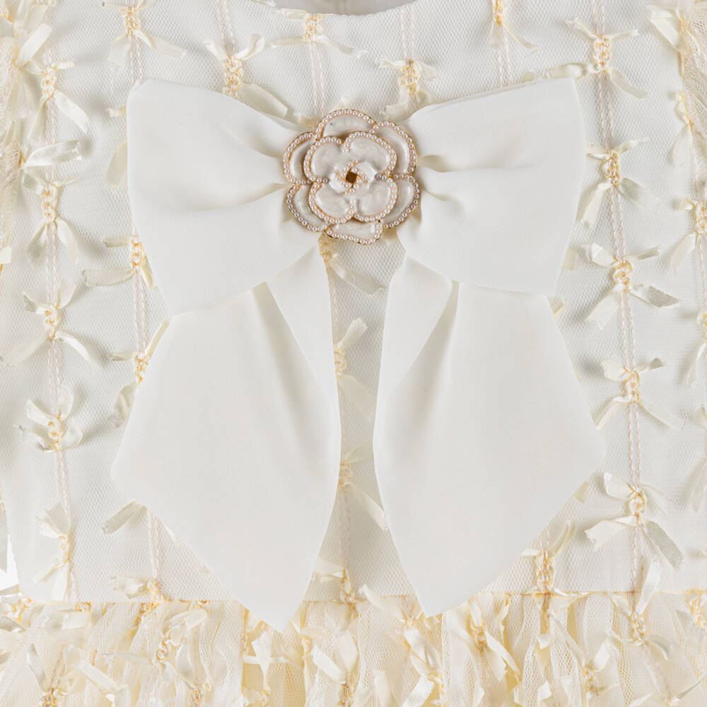 Patachou-فستان تول وشيفون مزين بفيونكات لون عاجي للبنات | Childrensalon