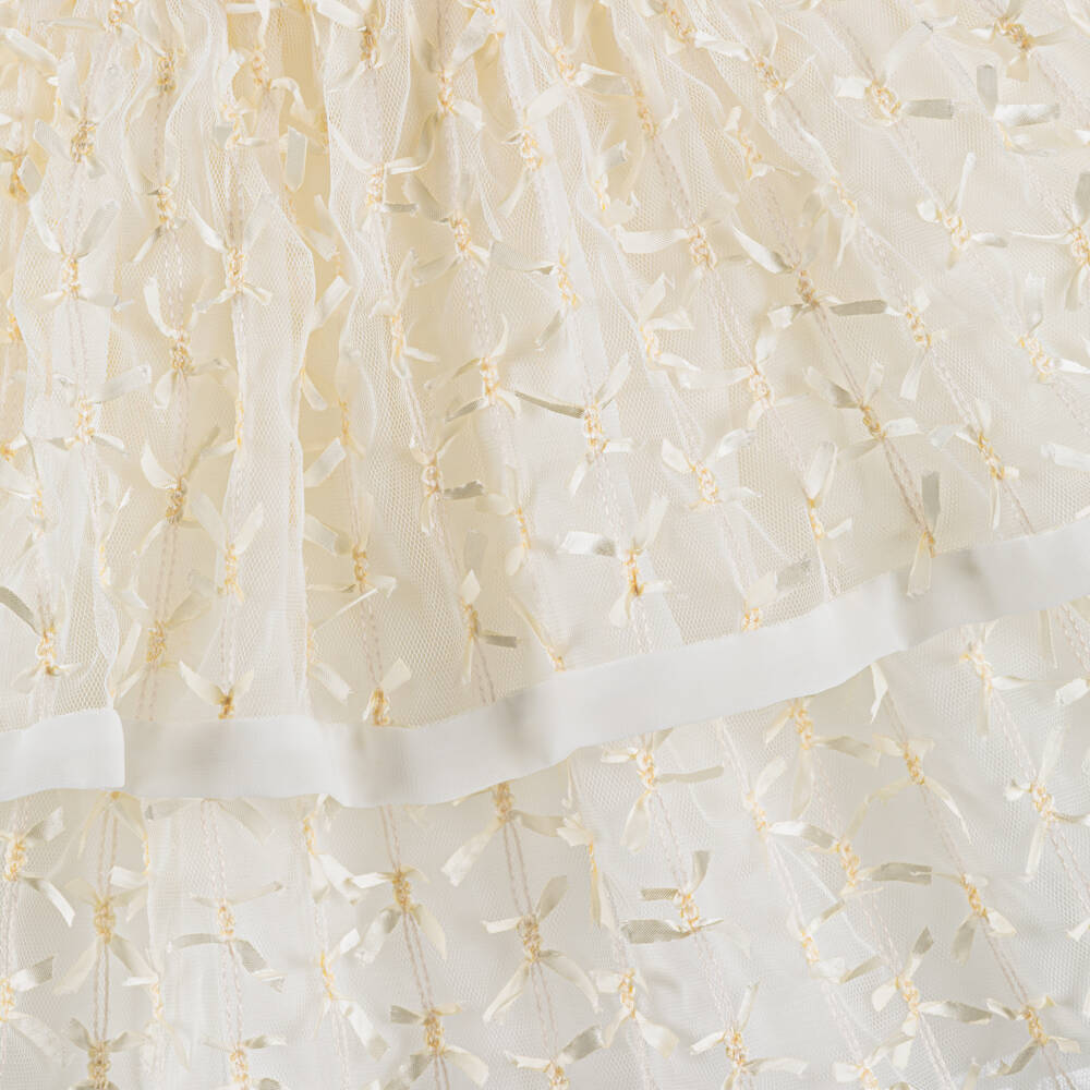 Patachou-فستان تول وشيفون مزين بفيونكات لون عاجي للبنات | Childrensalon