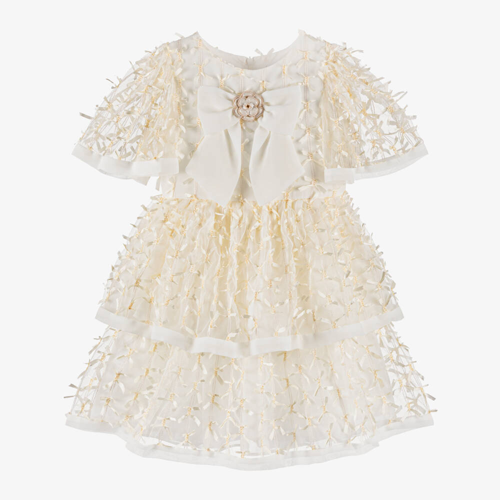 Patachou-فستان تول وشيفون مزين بفيونكات لون عاجي للبنات | Childrensalon