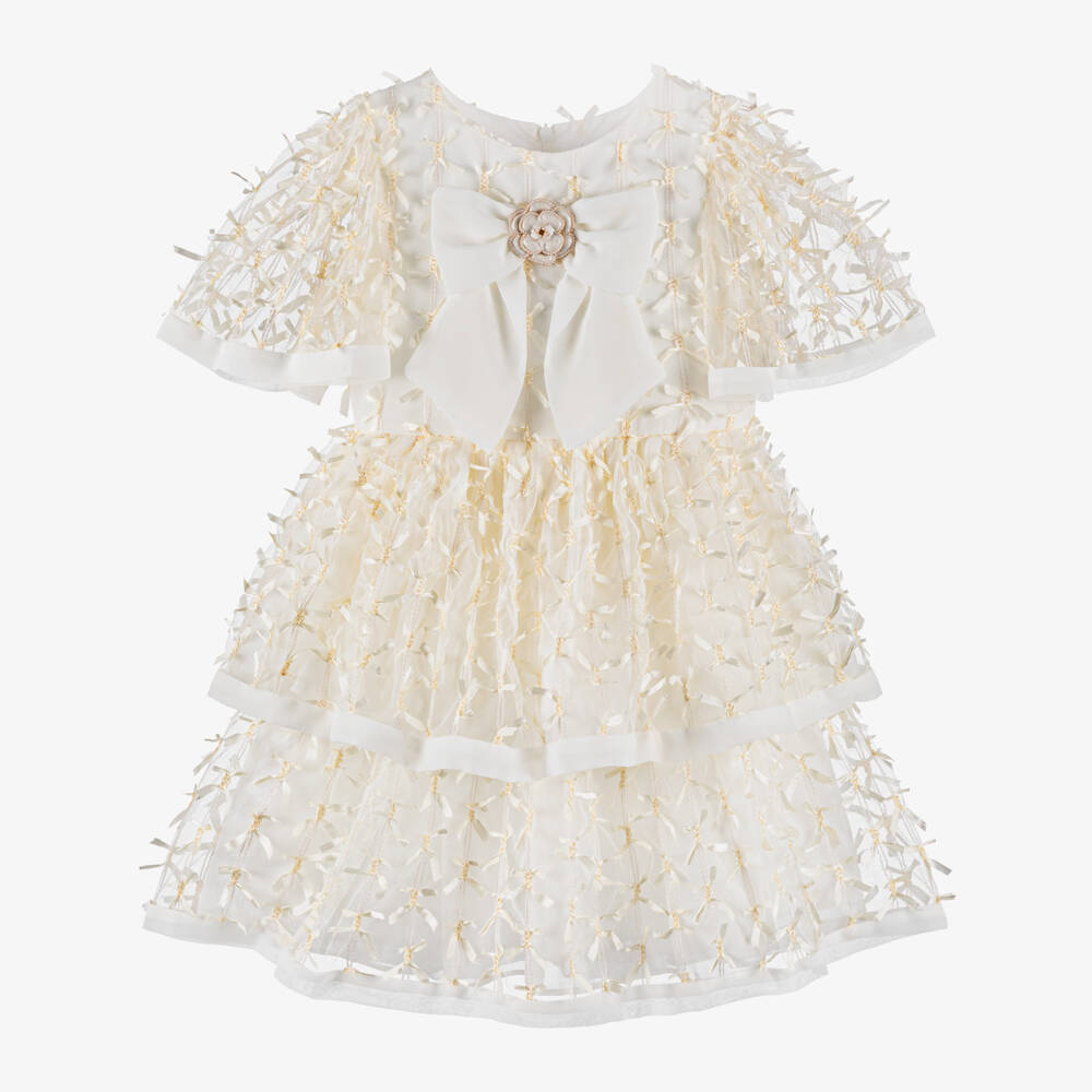 Patachou-فستان تول وشيفون مزين بفيونكات لون عاجي للبنات | Childrensalon