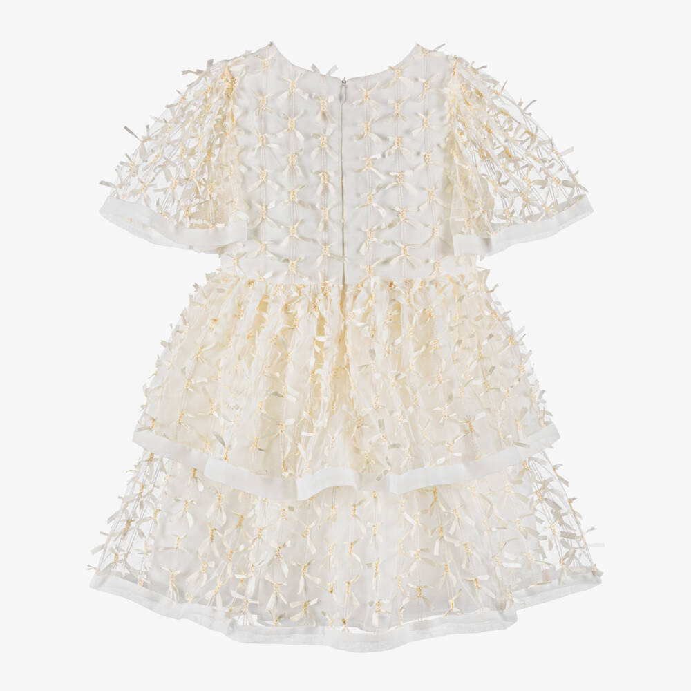 Patachou-فستان تول وشيفون مزين بفيونكات لون عاجي للبنات | Childrensalon