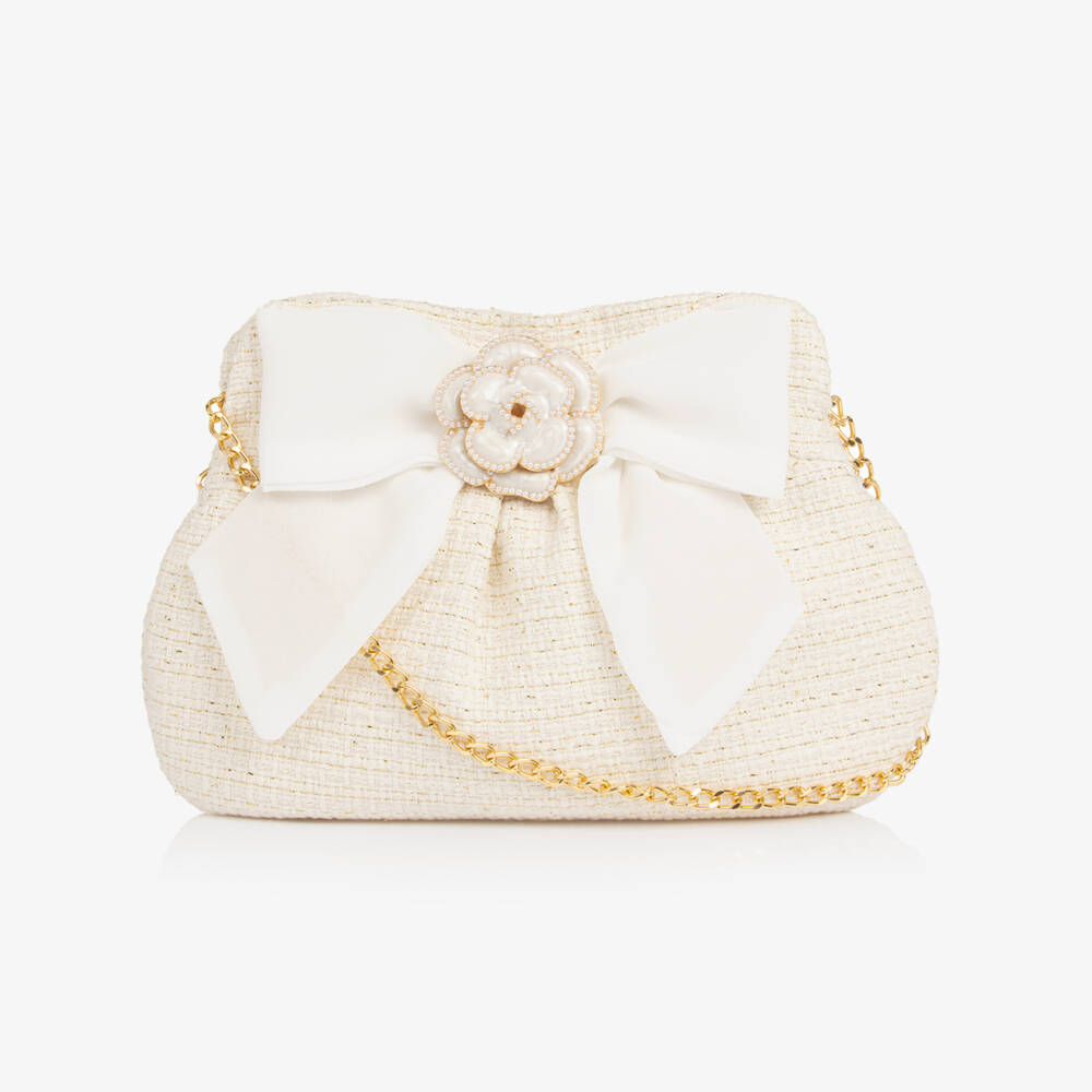 Patachou-Girls Ivory Tweed Bag with Chiffon Bow (22cm) | Childrensalon
