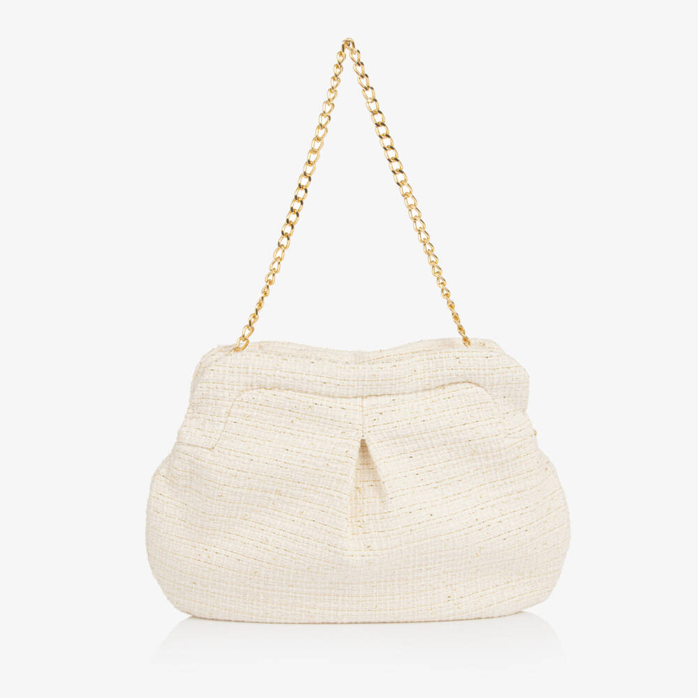 Patachou-Girls Ivory Tweed Bag with Chiffon Bow (22cm) | Childrensalon