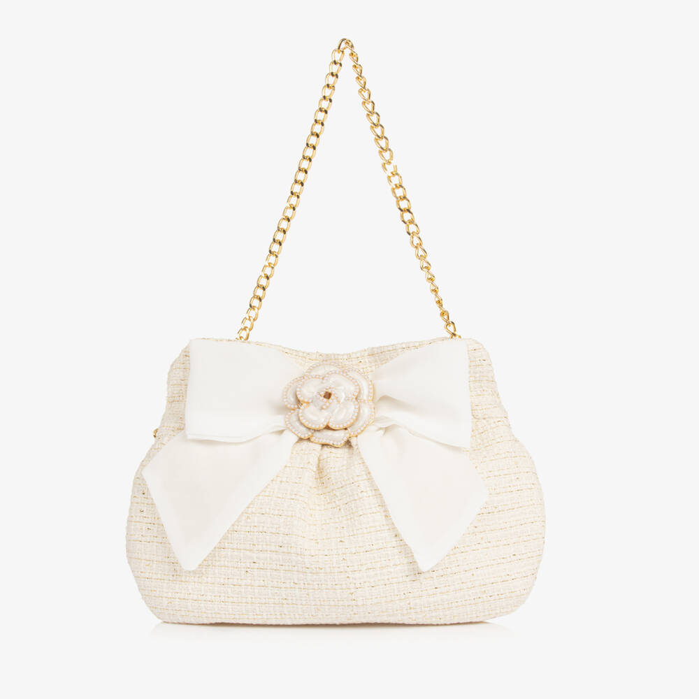 Patachou-Girls Ivory Tweed Bag with Chiffon Bow (22cm) | Childrensalon