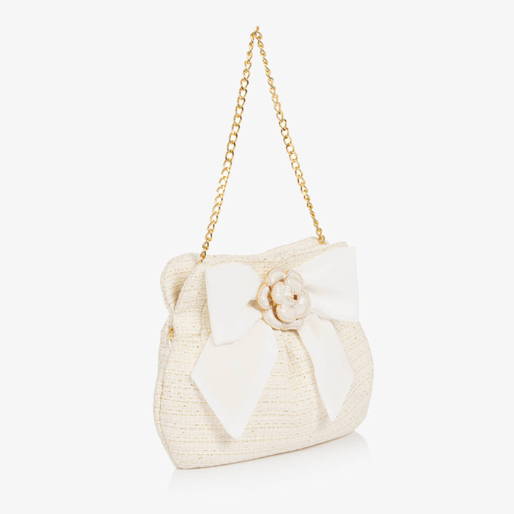 Patachou-Girls Ivory Tweed Bag with Chiffon Bow (22cm) | Childrensalon
