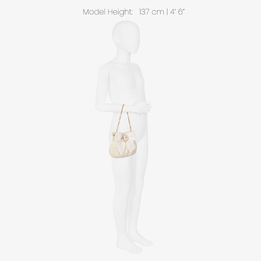 Patachou-Girls Ivory Tweed Bag with Chiffon Bow (22cm) | Childrensalon