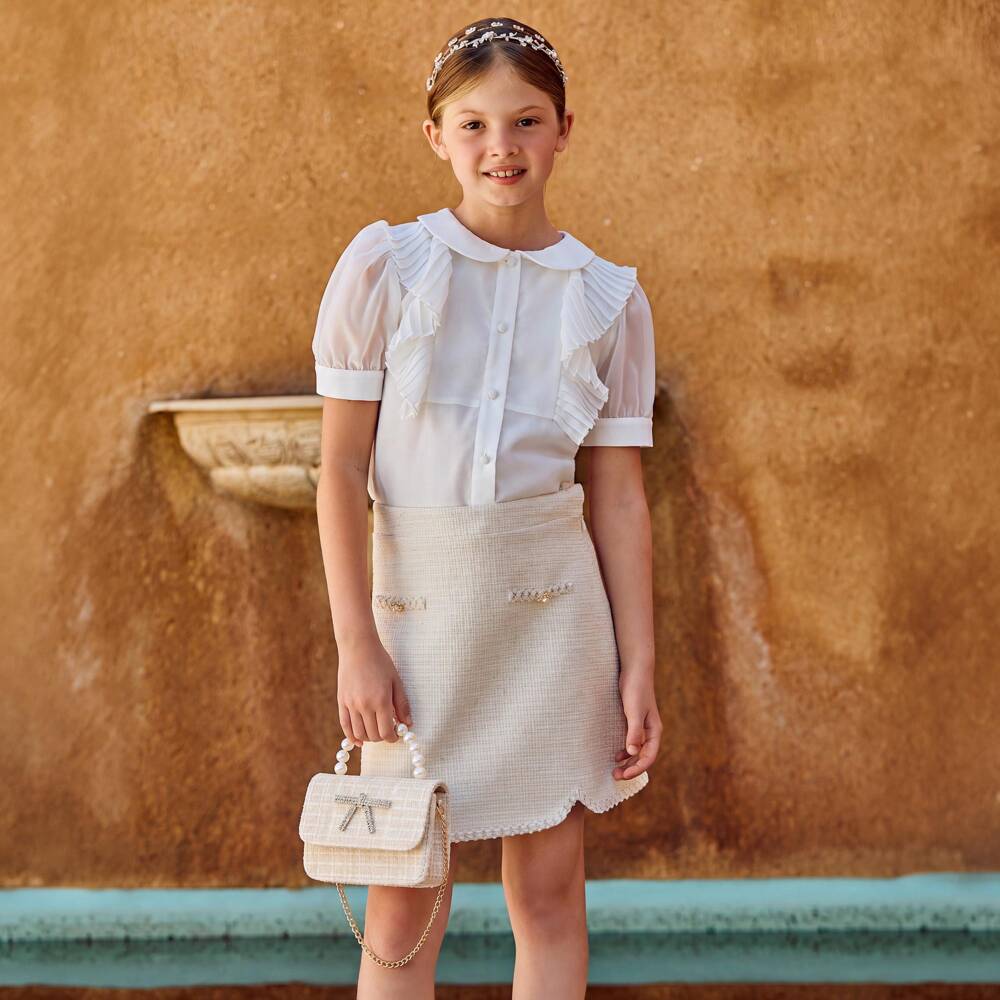 Patachou-Girls Ivory Tweed Bag with Diamanté Bow (14cm) | Childrensalon