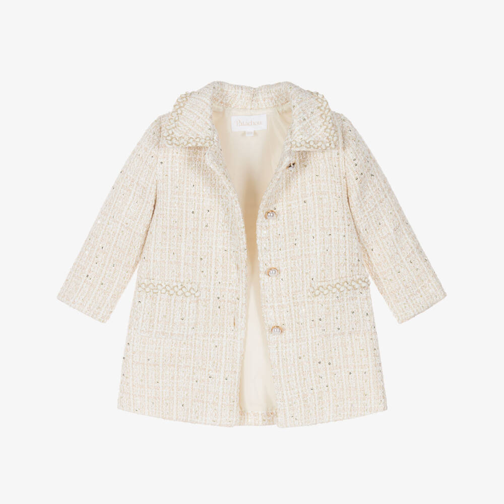 Patachou-Girls Ivory Tweed Coat with Sequins | Childrensalon