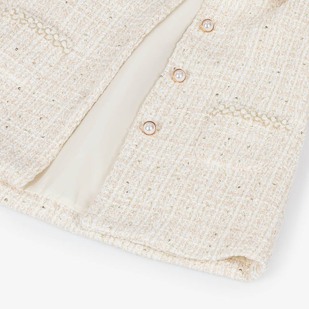 Patachou-Girls Ivory Tweed Coat with Sequins | Childrensalon
