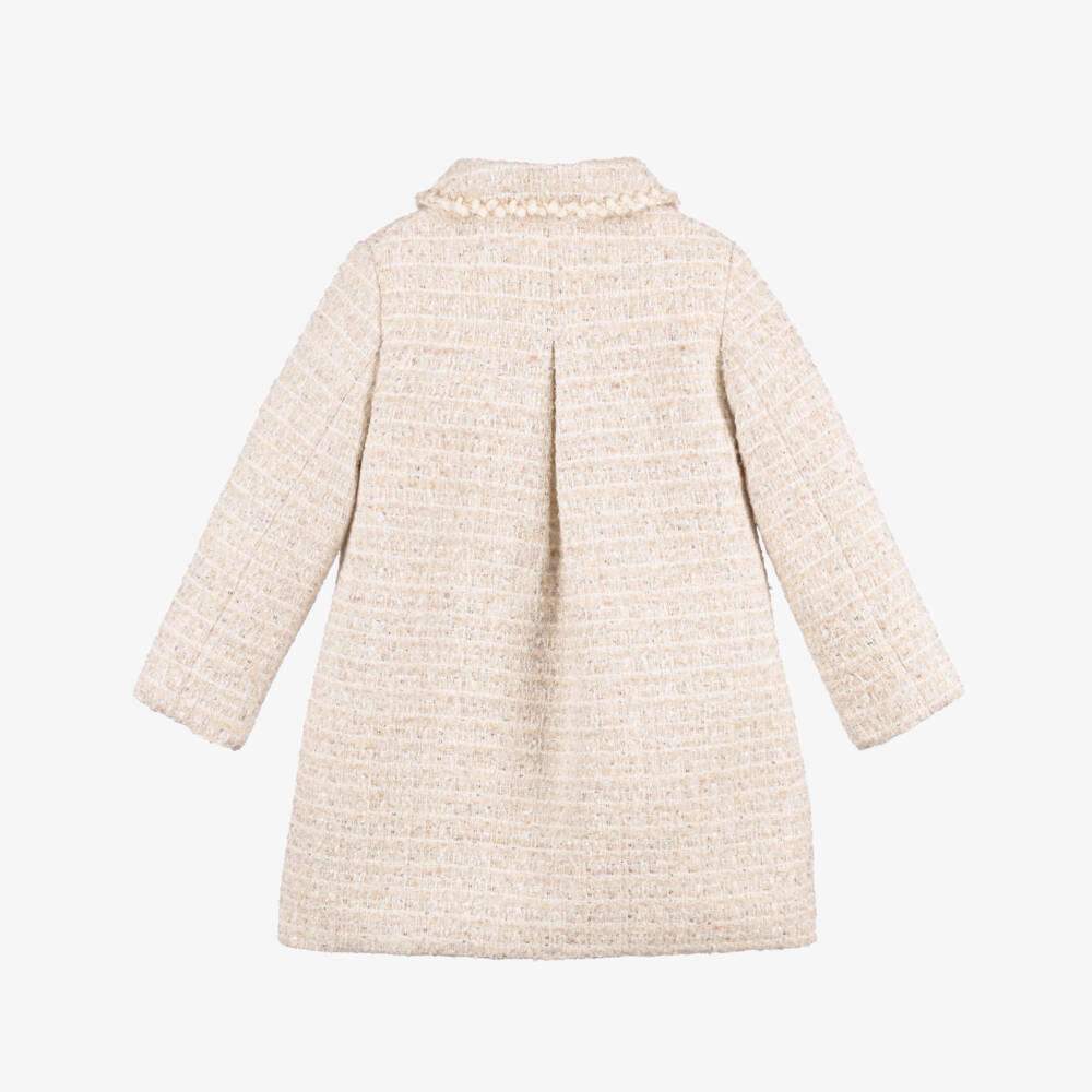 Patachou-Girls Ivory Tweed Coat with Sequins | Childrensalon