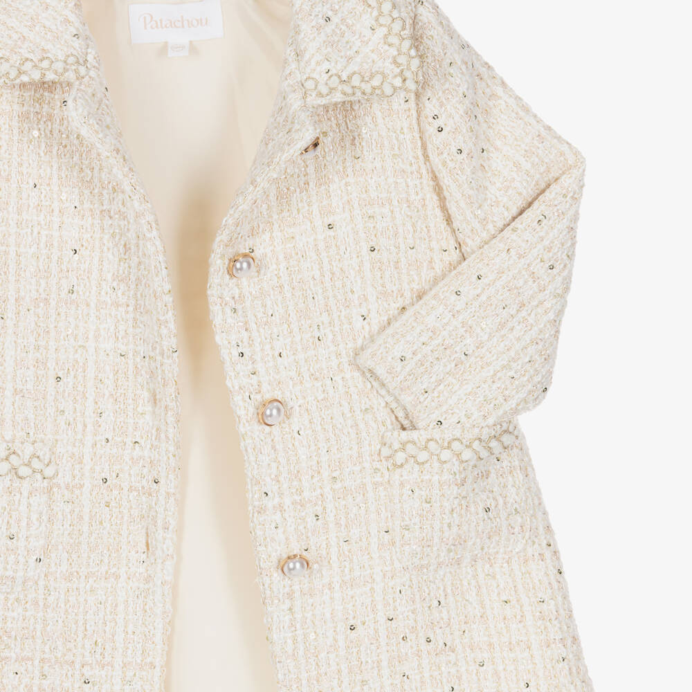 Patachou-Girls Ivory Tweed Coat with Sequins | Childrensalon