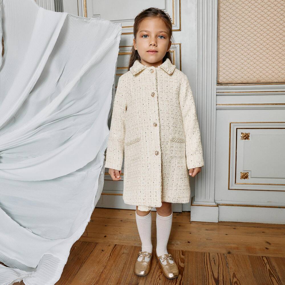 Patachou-Girls Ivory Tweed Coat with Sequins | Childrensalon