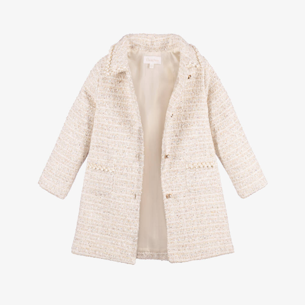 Patachou-Girls Ivory Tweed Coat with Sequins | Childrensalon