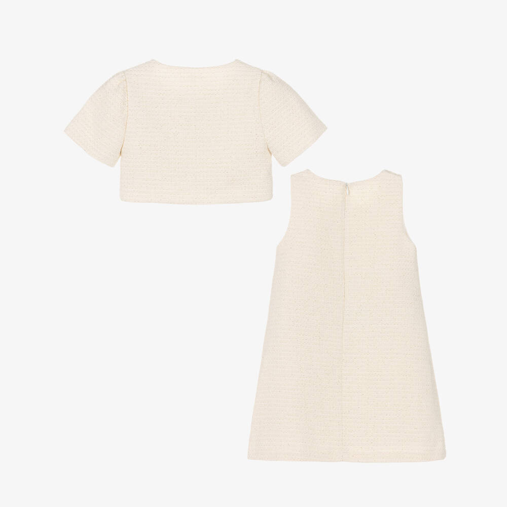 Patachou-Girls Ivory Tweed Dress Set with Pearl Buttons | Childrensalon