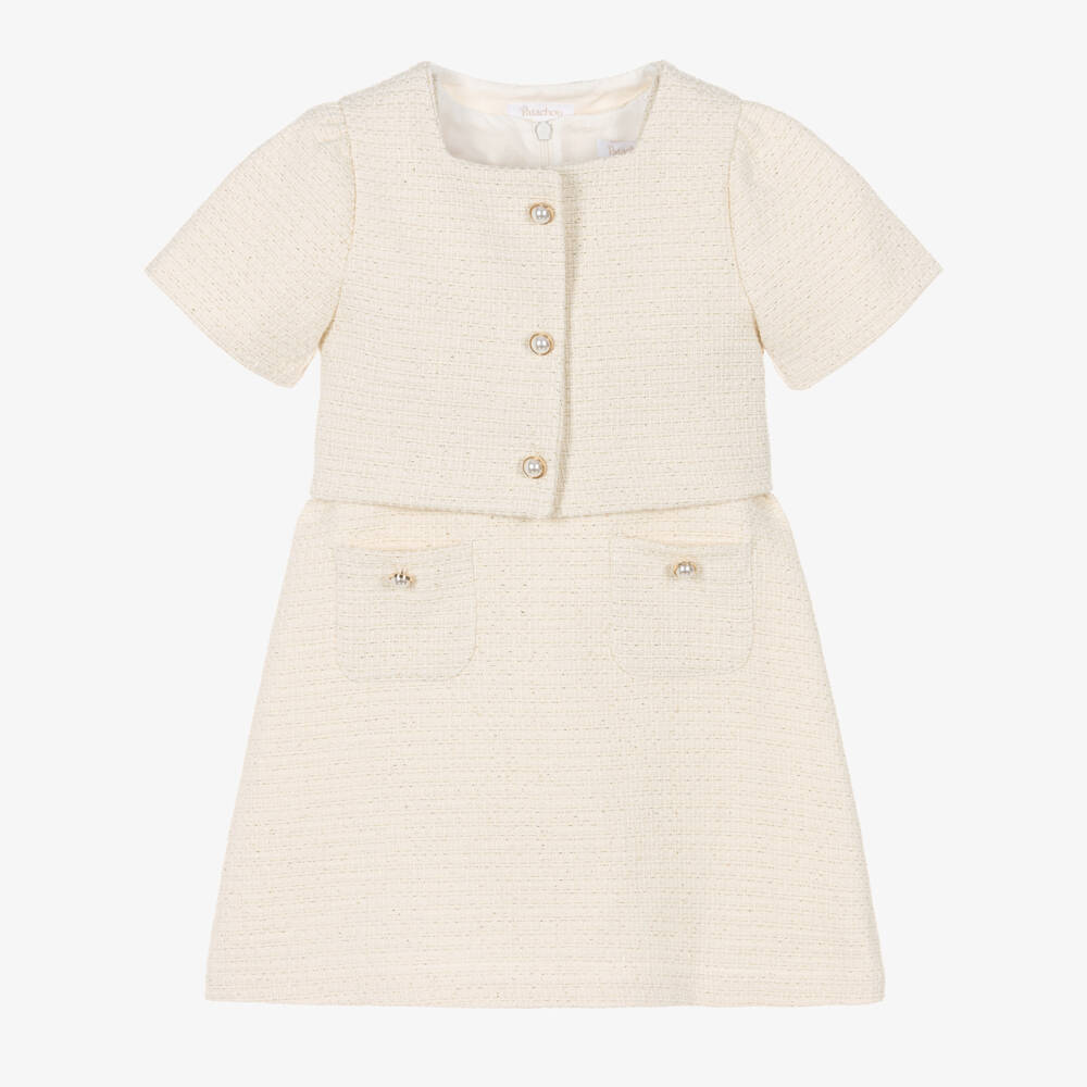 Patachou-Girls Ivory Tweed Dress Set with Pearl Buttons | Childrensalon