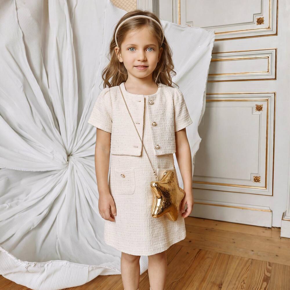 Patachou-Girls Ivory Tweed Dress Set with Pearl Buttons | Childrensalon