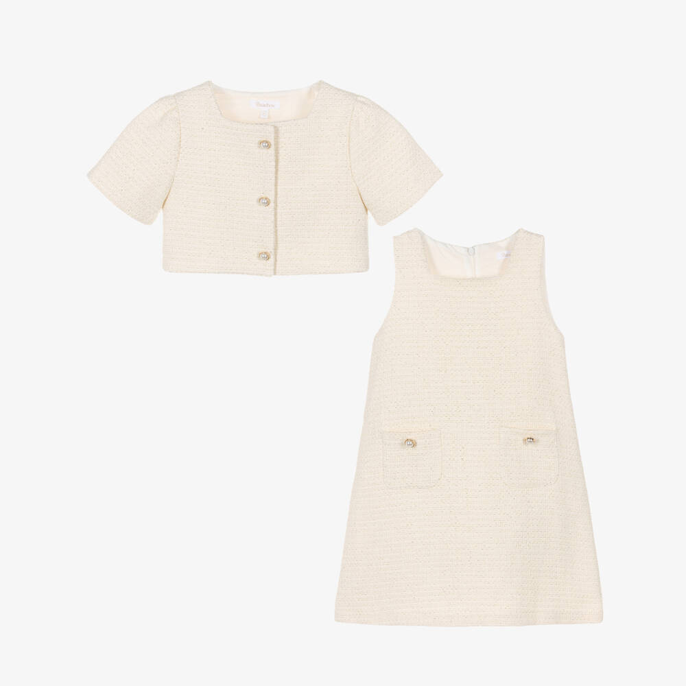 Patachou-Girls Ivory Tweed Dress Set with Pearl Buttons | Childrensalon