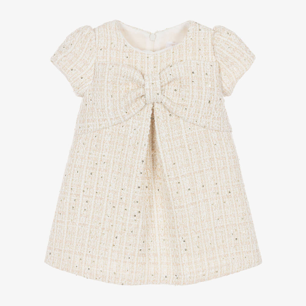 Patachou-Girls Ivory Tweed Dress with Bow & Sequins | Childrensalon
