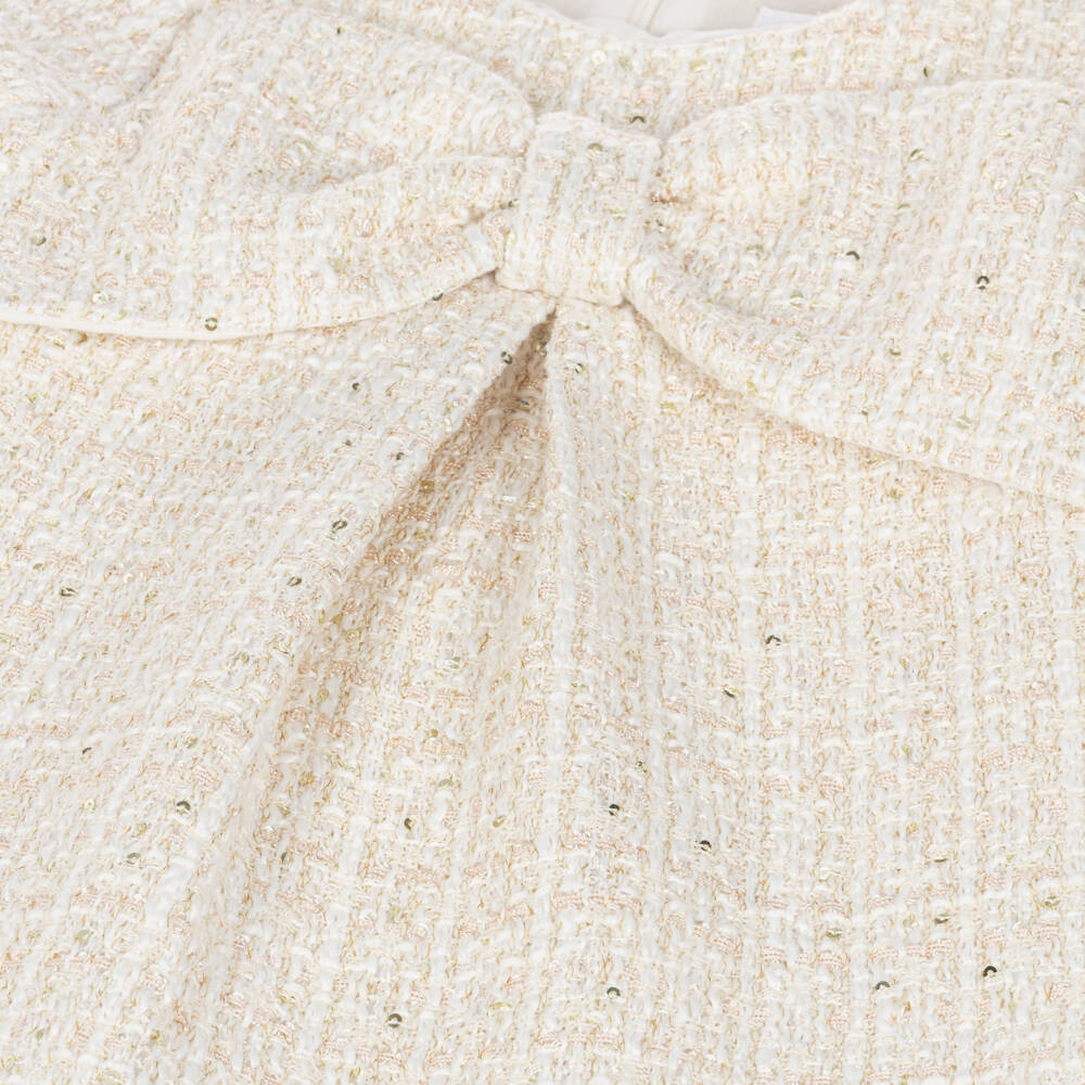 Patachou-Girls Ivory Tweed Dress with Bow & Sequins | Childrensalon