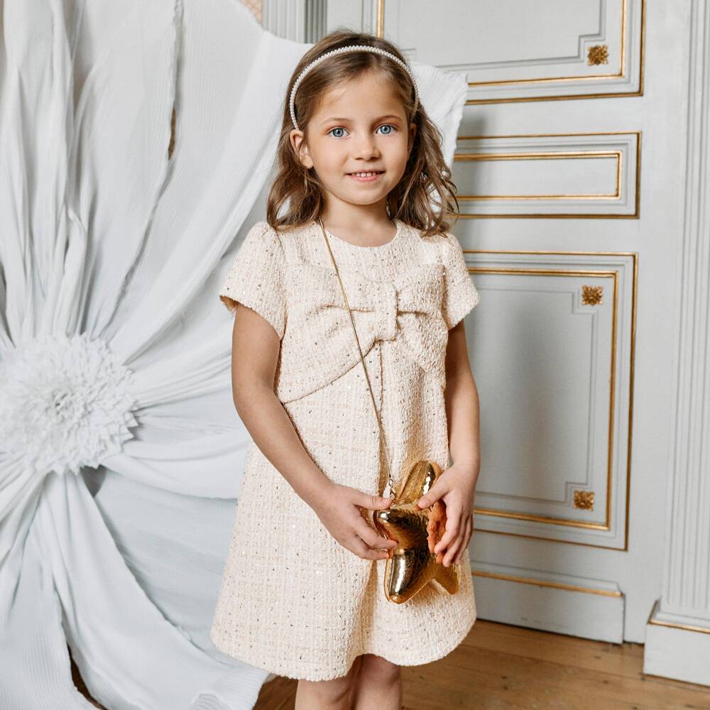 Patachou-Girls Ivory Tweed Dress with Bow & Sequins | Childrensalon