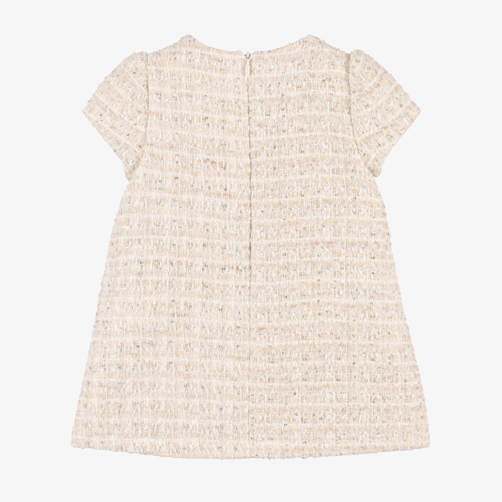 Patachou-Girls Ivory Tweed Dress with Bow & Sequins | Childrensalon