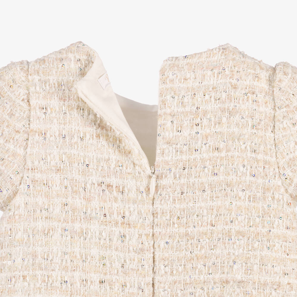 Patachou-Girls Ivory Tweed Dress with Bow & Sequins | Childrensalon