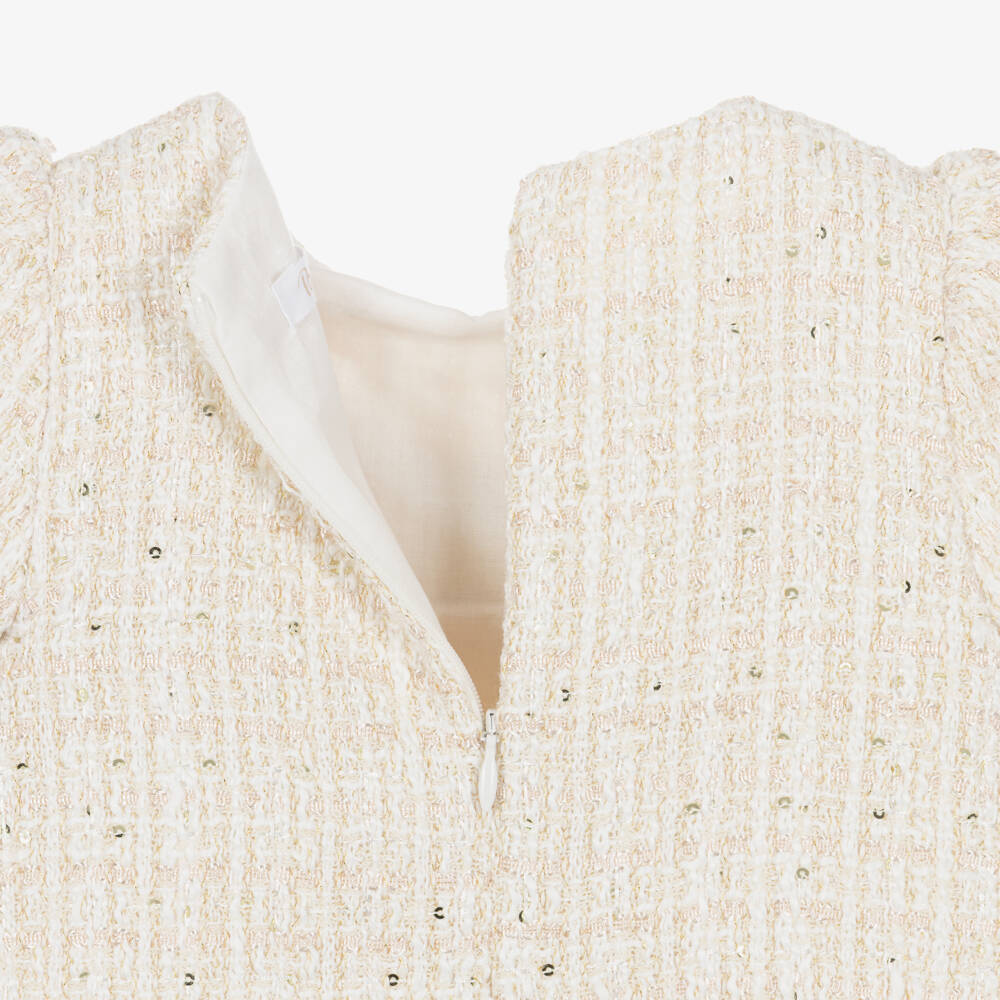 Patachou-Girls Ivory Tweed Dress with Bow & Sequins | Childrensalon